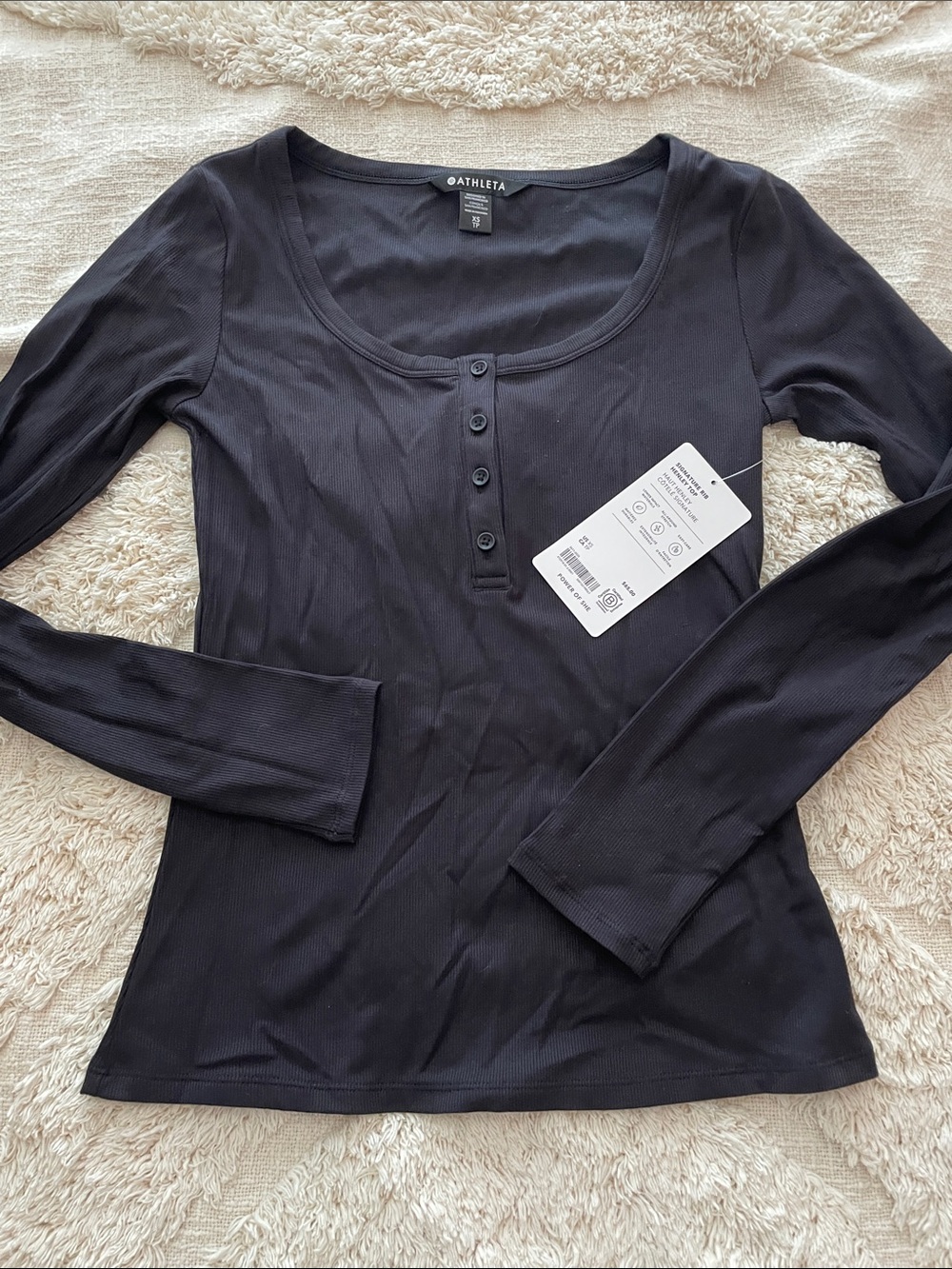 Athleta Black Ribbed Scoop-Neck Henley Long Sleeve Top NWT size XS